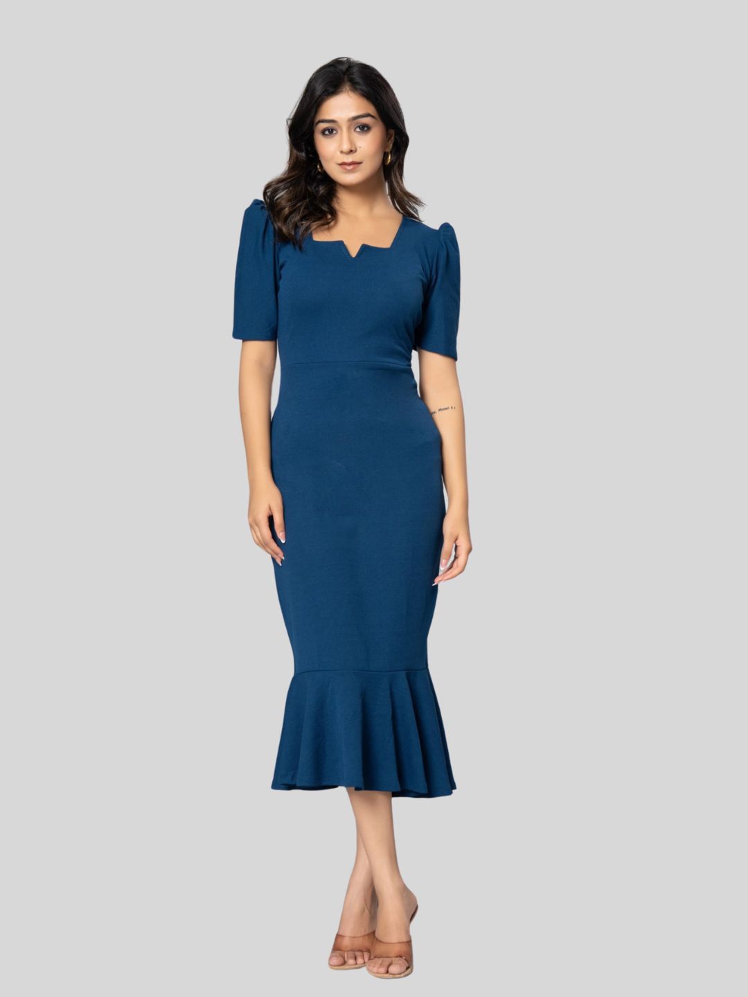 

Aanys Culture Women Puff Sleeve Bodycon Midi Cotton Dress, Teal