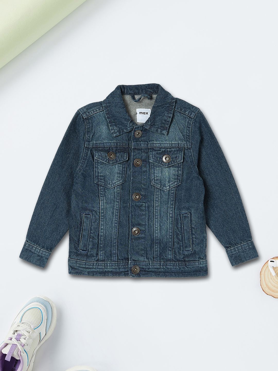 

max Boys Washed Checked Polyester Denim Jacket with Patchwork, Blue
