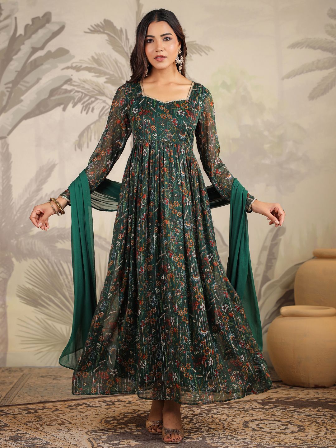 

Janasya Floral Yoke Design Gotta Patti Anarkali Kurta With Dupatta, Green