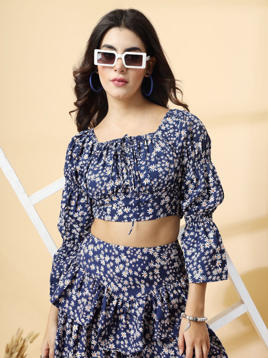 

Oomph! Women Floral Printed Bell Sleeve Crepe Blouson Crop Top, Blue