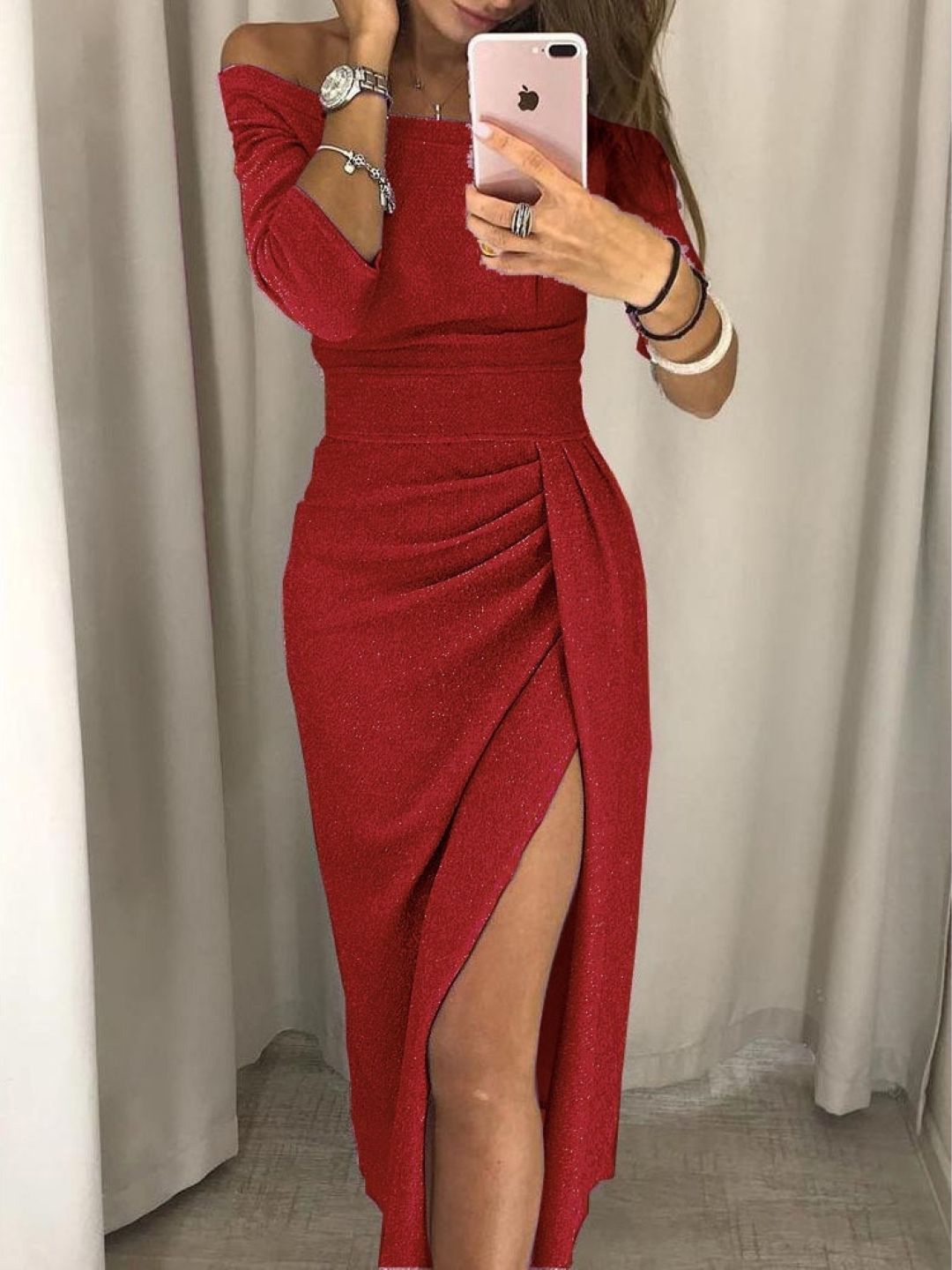 

HERE&NOW Women Off-Shoulder Bodycon Maxi Dress, Red