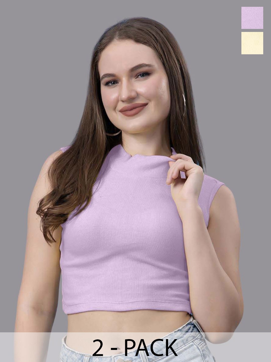 

Friskers Women Pack of 2 Cotton High Neck Sleeveless Crop Top, Yellow