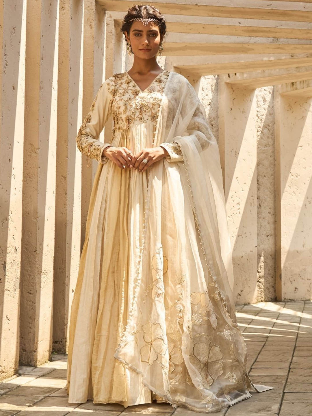 

Shreeka Floral Embroidered V-Neck Long Sleeves Ethnic Dress & Dupatta, Cream