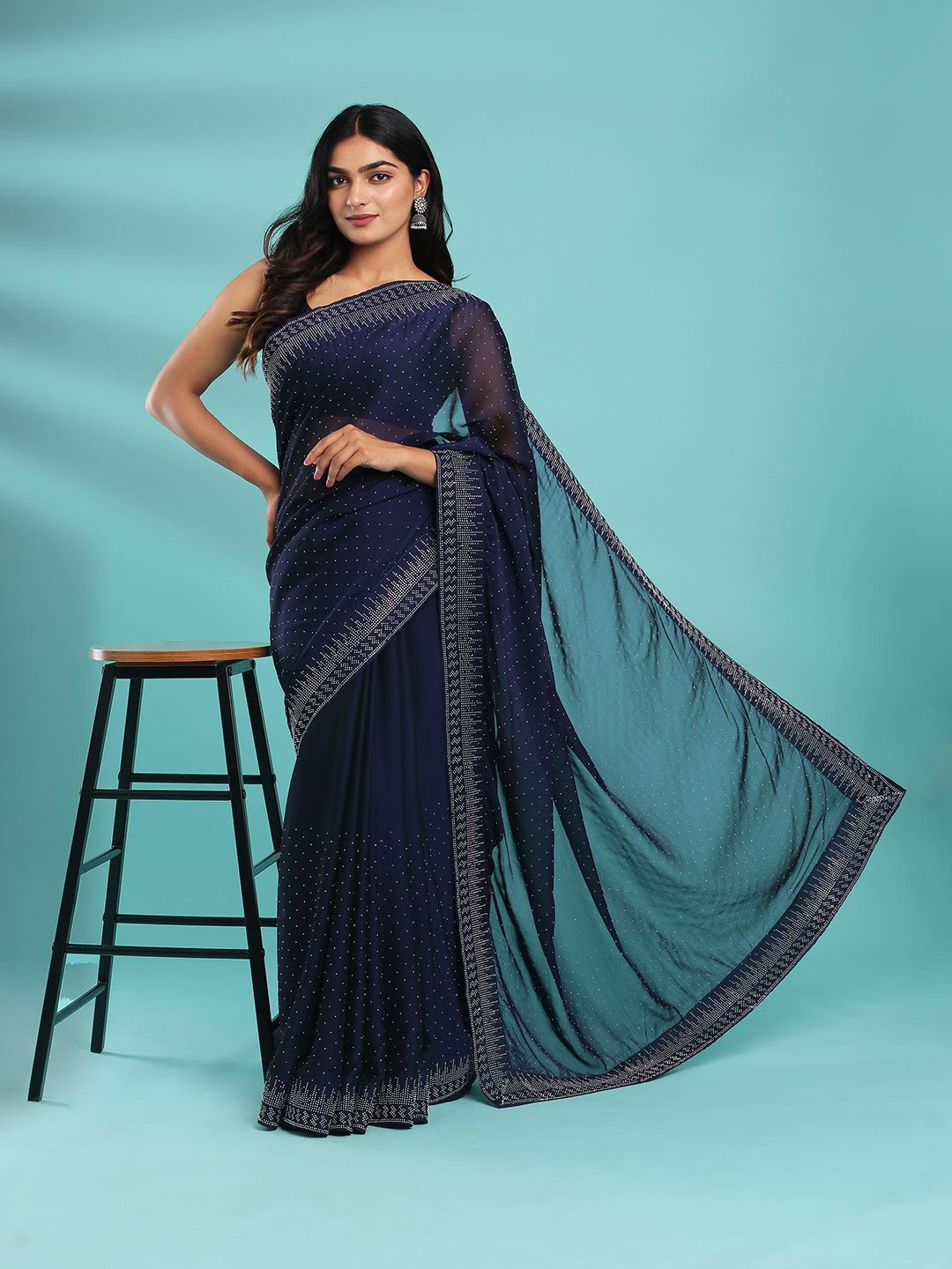 

Kalyan Silks Embellished Beads and Stones Bagru Saree, Navy blue