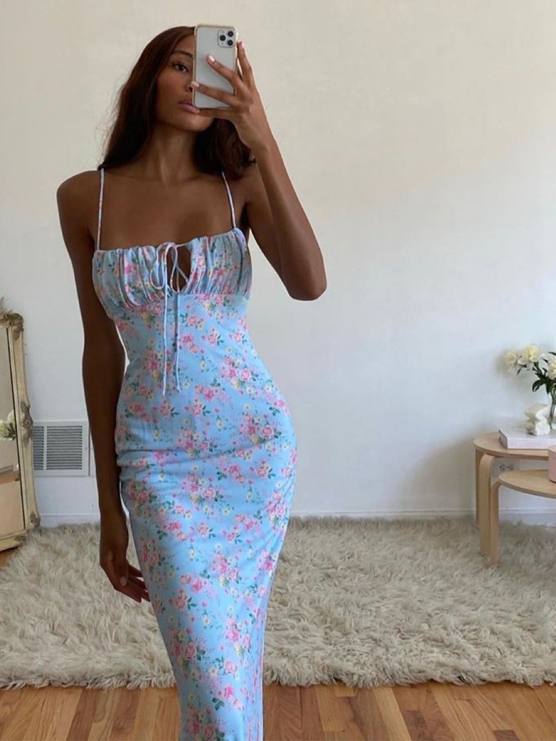 

KPOP Floral Printed Shoulder Straps Tie-Ups Bodycon Maxi Dress, Blue