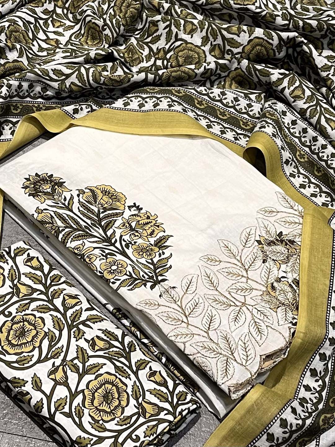 

SALWAR STUDIO Floral Printed Thread Work Pure Cotton Unstitched Dress Material, White