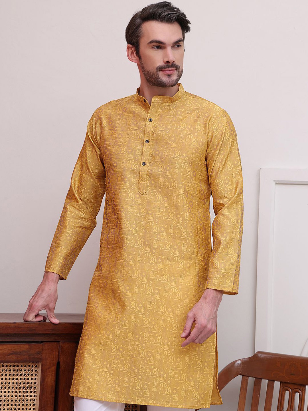 

Anouk Mustard Geometric Woven Design Band Collar Long Sleeves Regular Cotton Silk Kurta