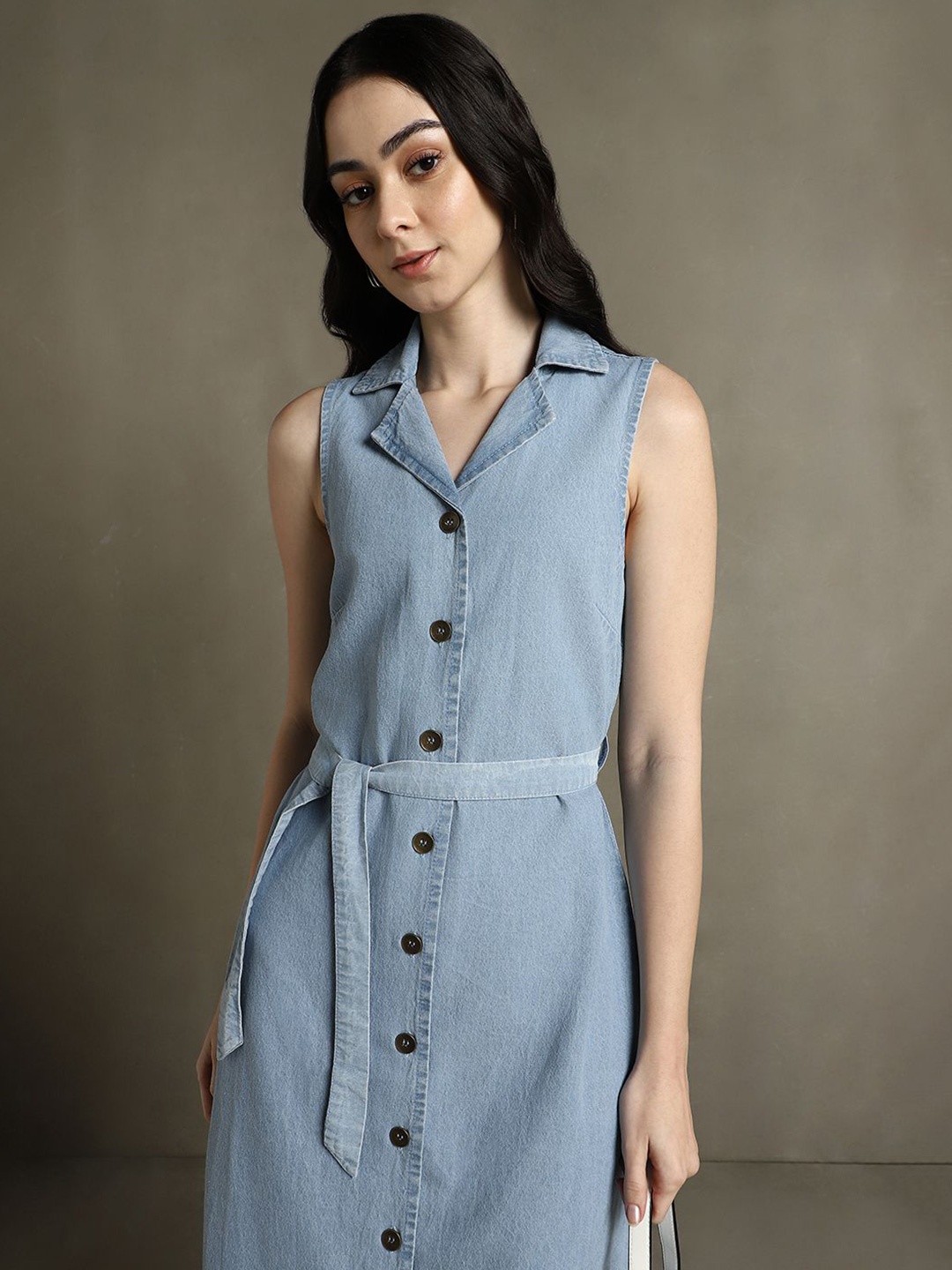 

DL Woman Cotton Shirt Collar Sleeveless Shirt Midi Dress Comes with a belt, Blue