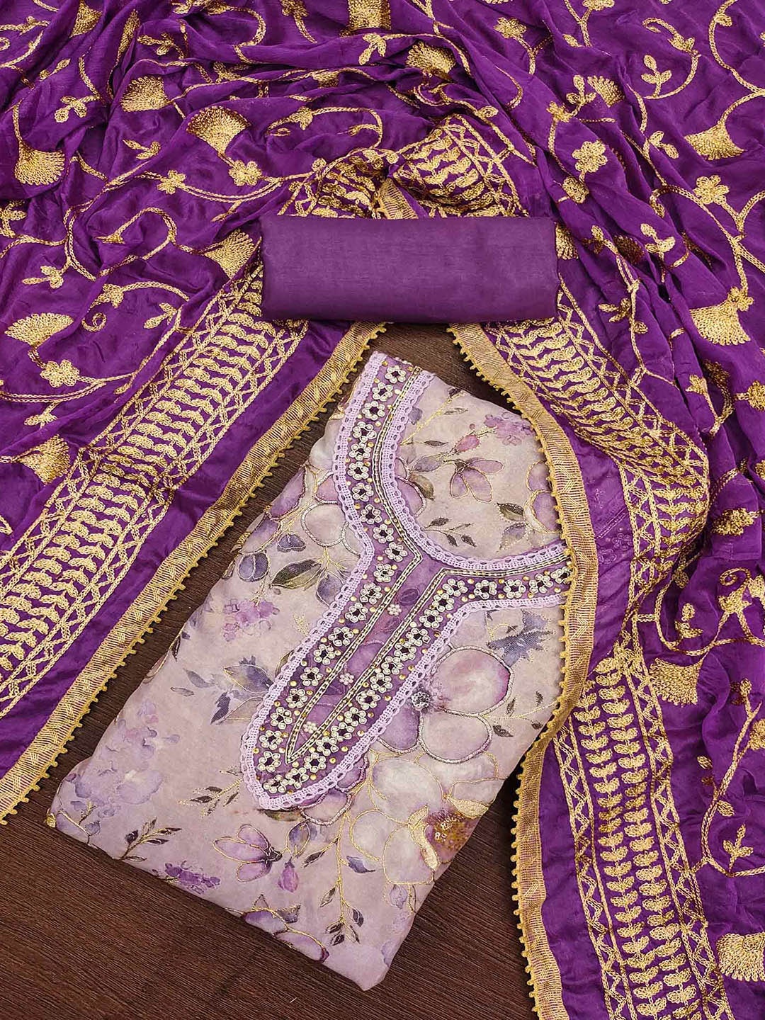 

Peachmode Floral Embroidered Beads and Stones Unstitched Dress Material, Purple