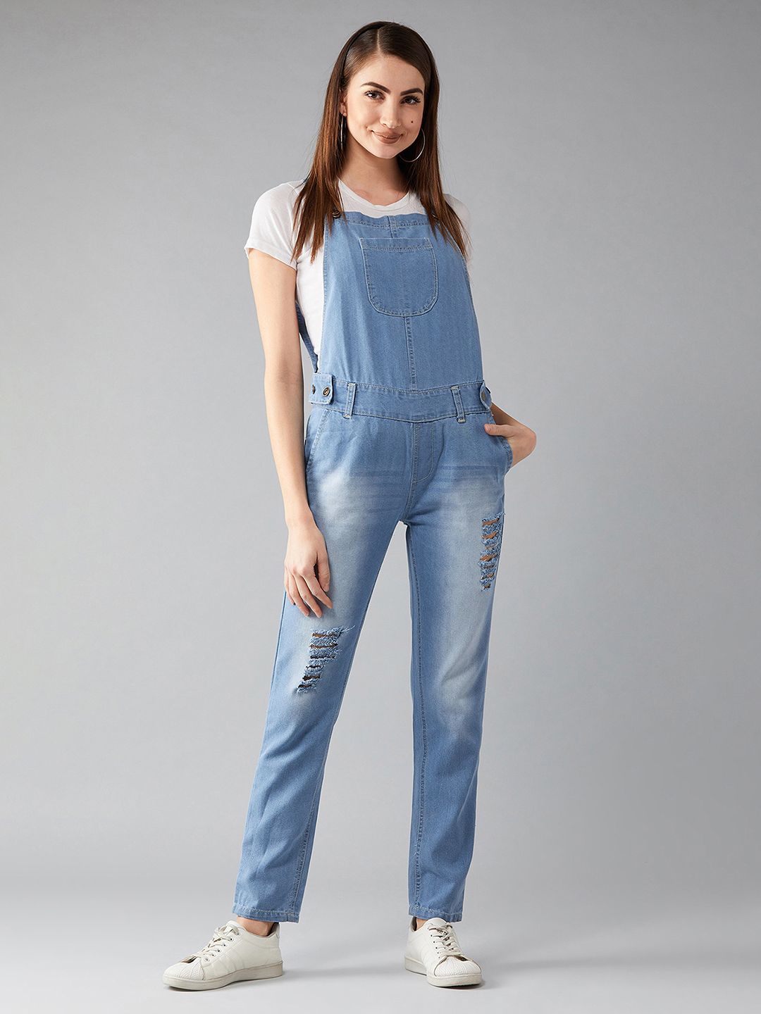 

Miss Chase Women Ribbed Denim Dungaree, Blue