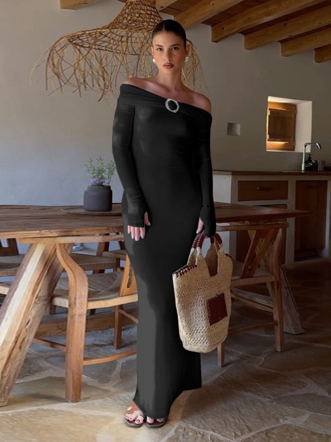 

KPOP Women Off-Shoulder Bodycon Maxi Dress, Black