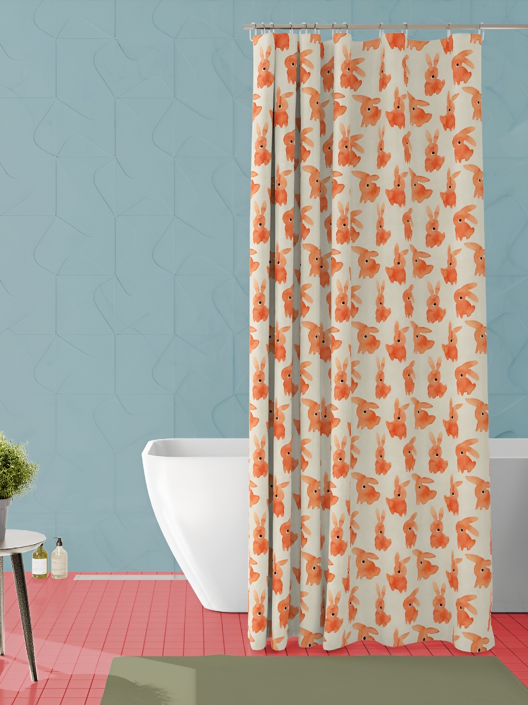 

ArtzFolio Cream & Orange Rabbit Printed Waterproof Shower Curtain