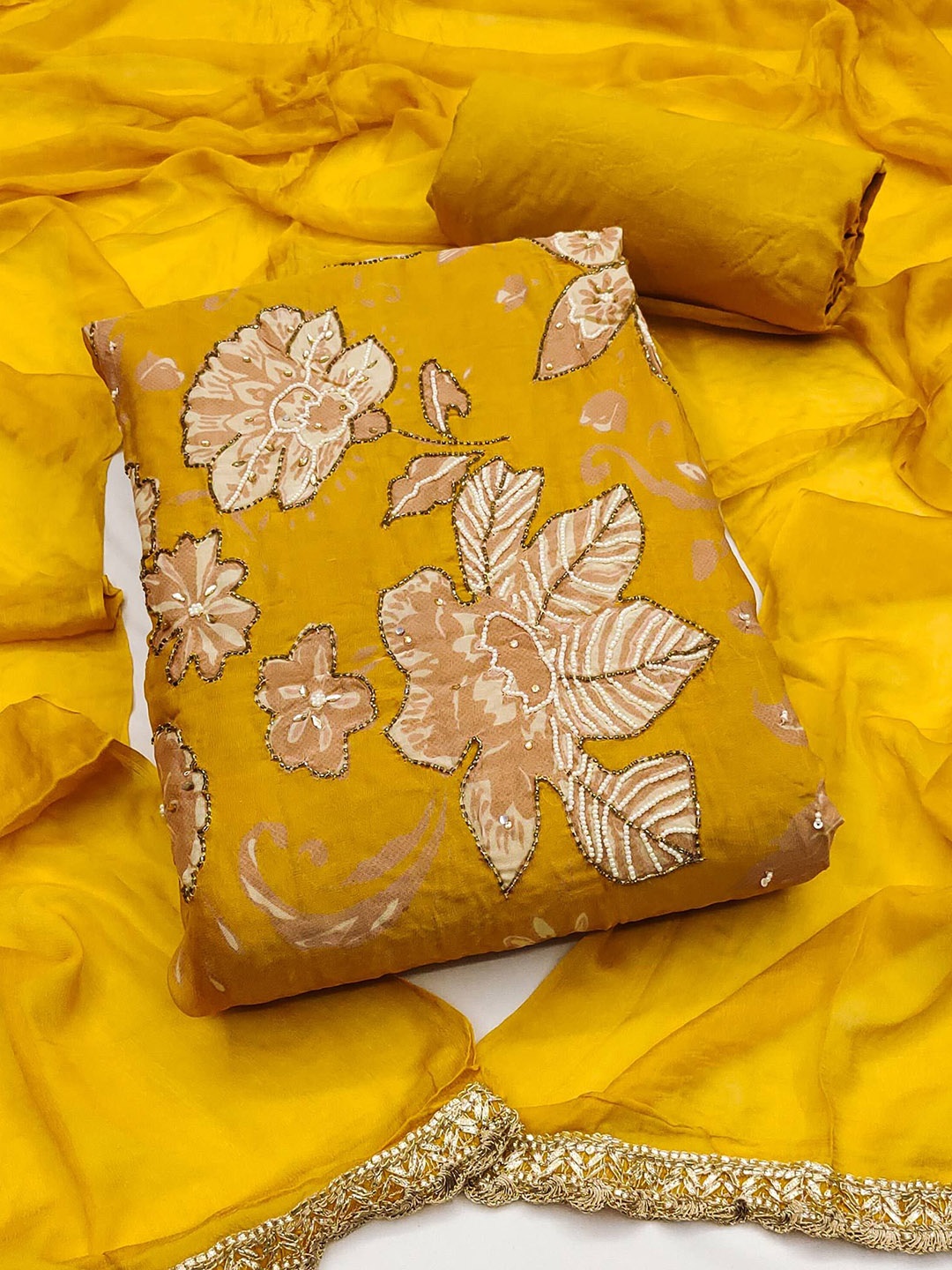 

Peachmode Floral Embroidered Beads and Stones Unstitched Dress Material, Mustard