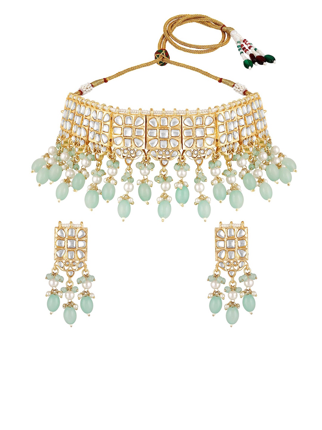 

BDIVA 18K Gold Plated Kundan Studded & Beaded Choker Jewellery Set