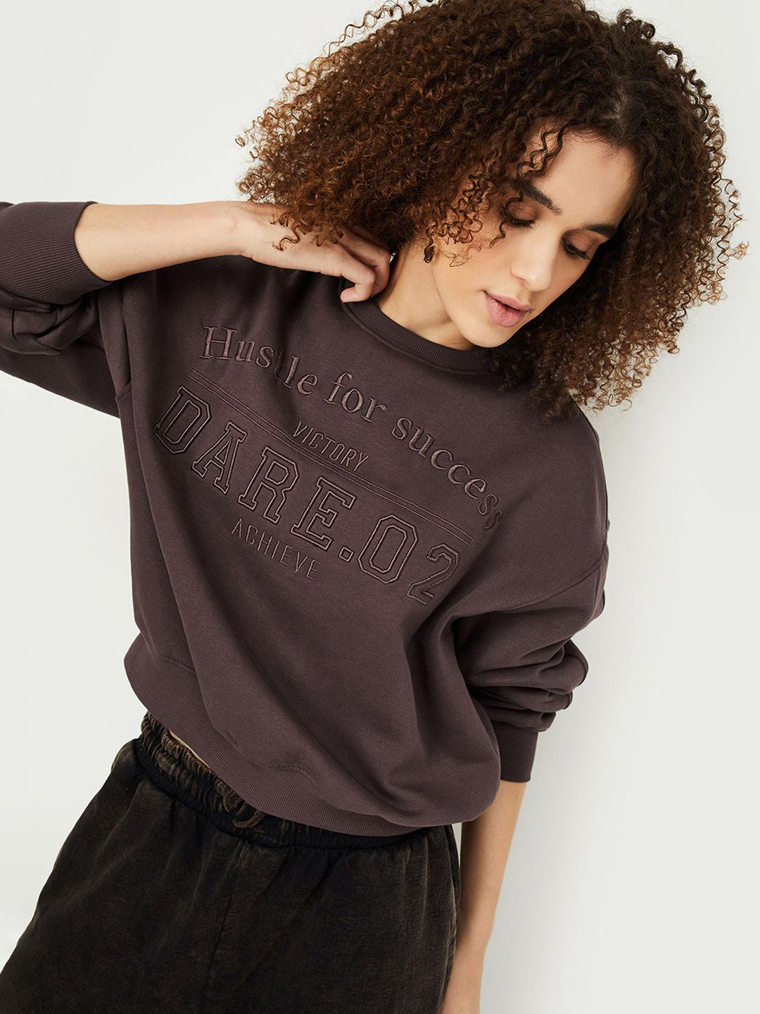 

max Women Cotton Printed Sweatshirt, Brown