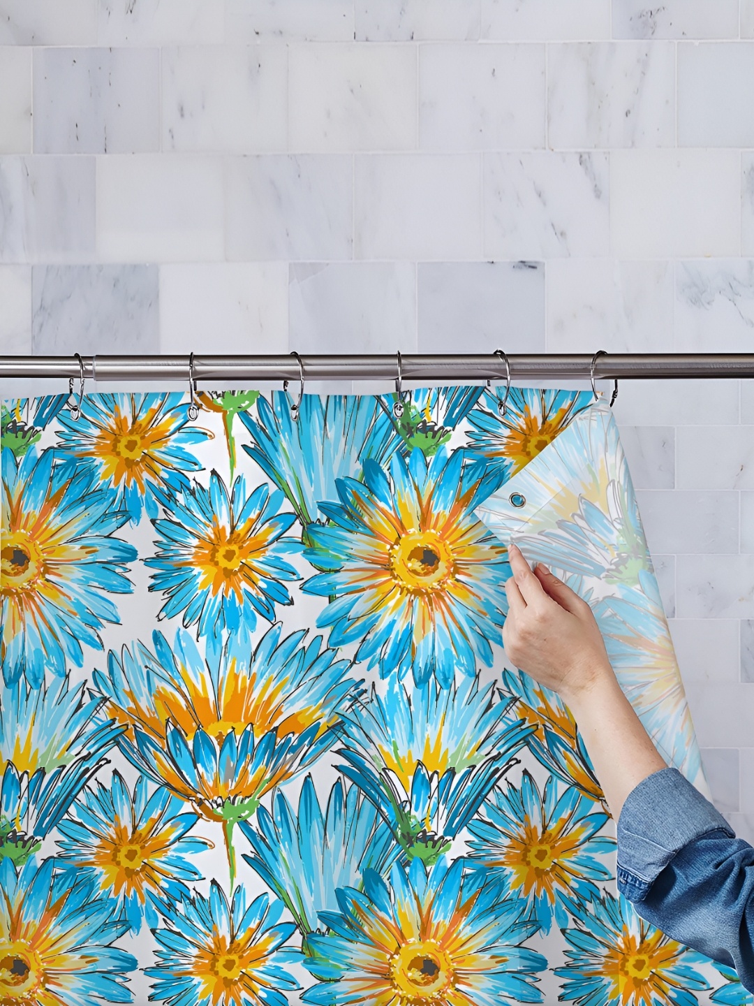 

ArtzFolio Blue & Yellow Floral Printed Waterproof Shower Curtain