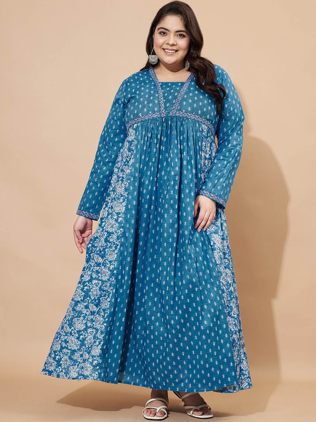 

Vbuyz Plus Floral Printed Square Neck Cotton Maxi Ethinic Dress, Blue