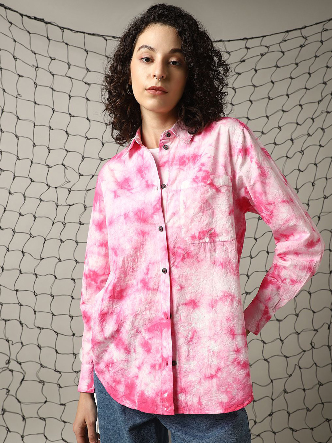 

Hubberholme Women Relaxed Spread Collar Dyed Cotton Oversized Casual Shirt, Pink