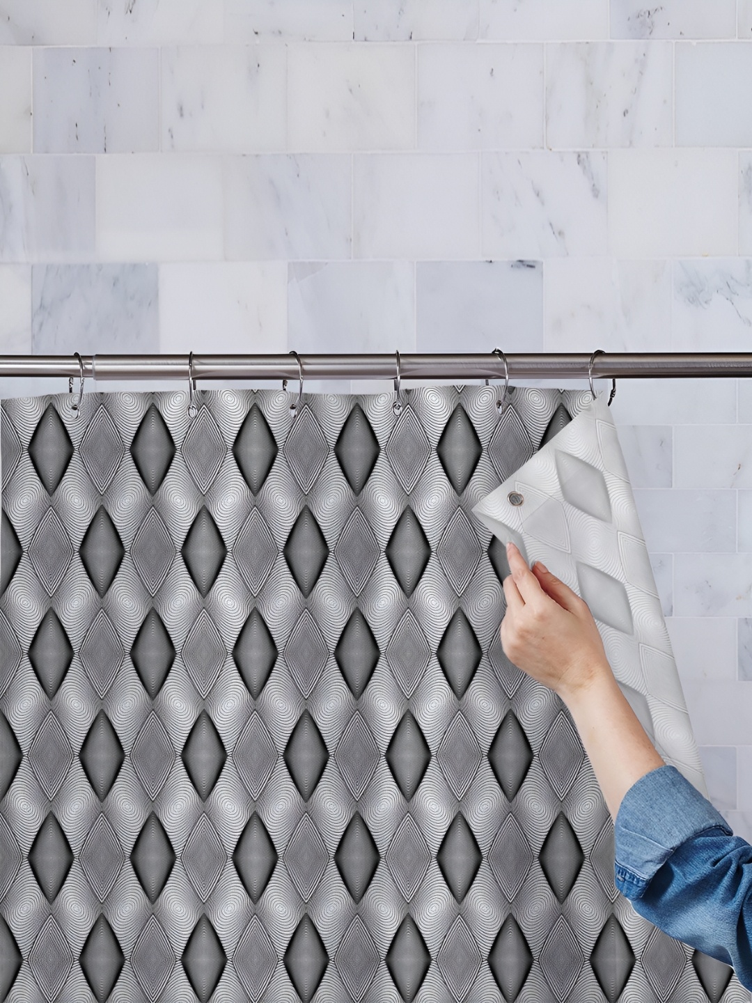 

ArtzFolio Grey & Black Printed Waterproof Shower Curtain