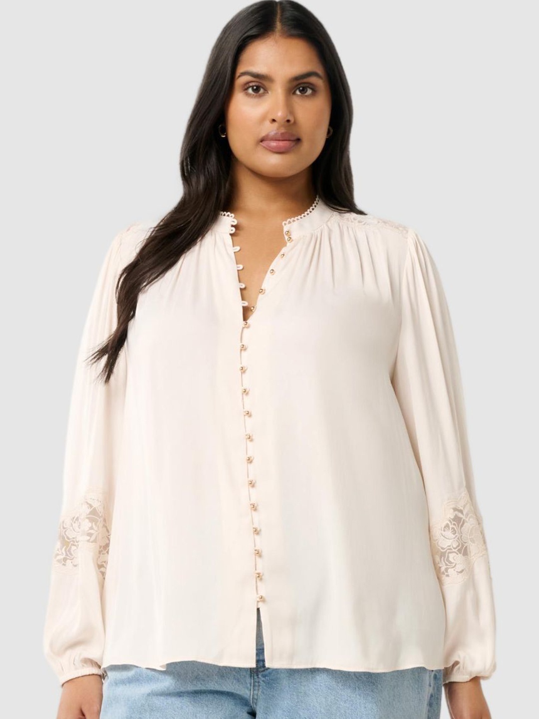 

Forever New Women Mandarin Collar Puff Sleeves Regular Tops, Off white