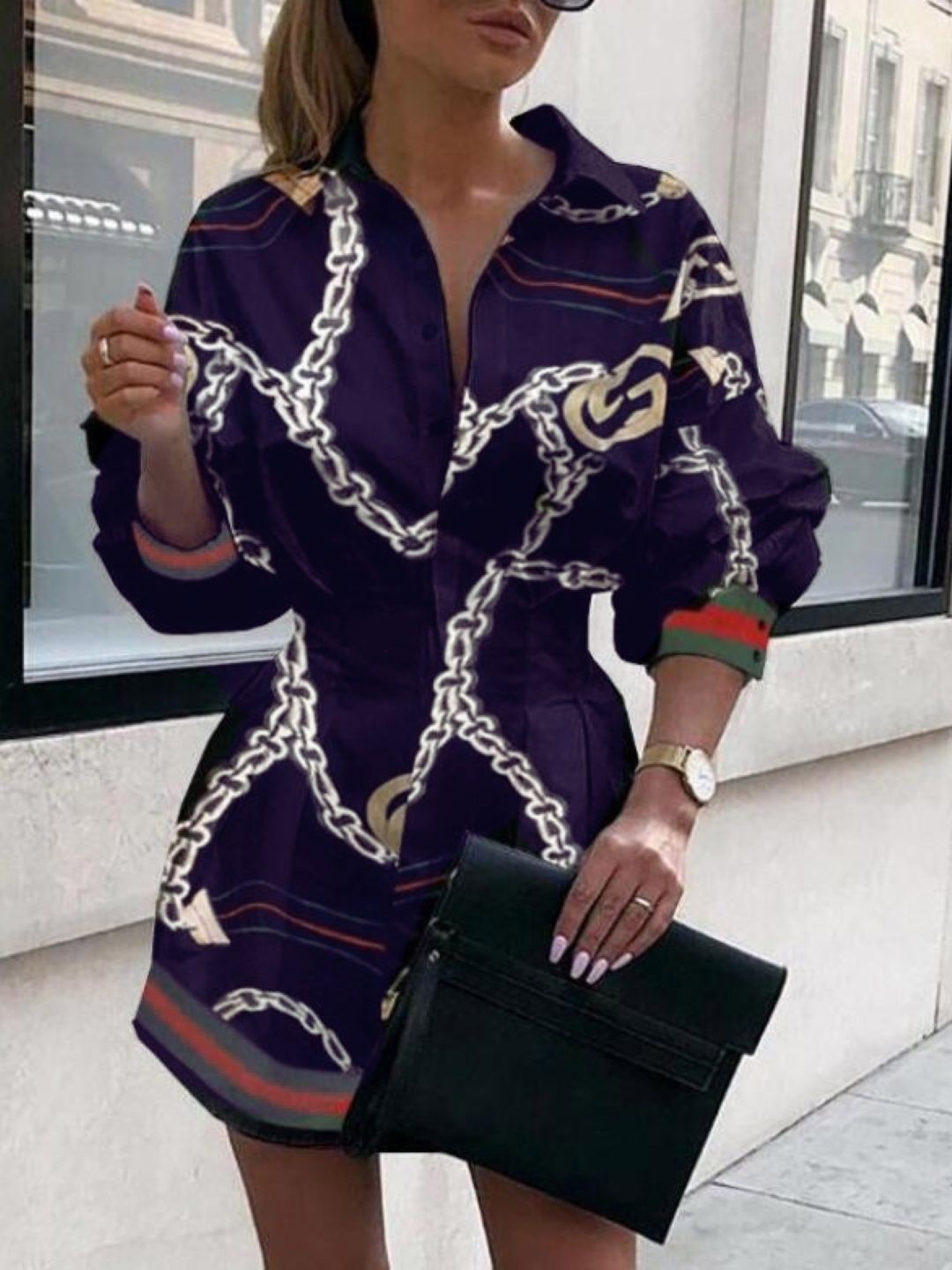 

HERE&NOW Women Shirt Collar Printed A-Line Dress, Purple