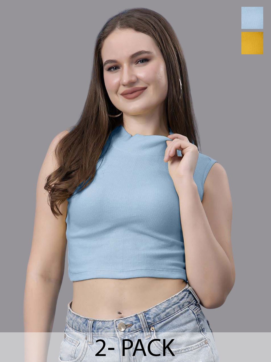 

Friskers Women Pack of 2 Cotton High Neck Sleeveless Crop Top, Turquoise blue