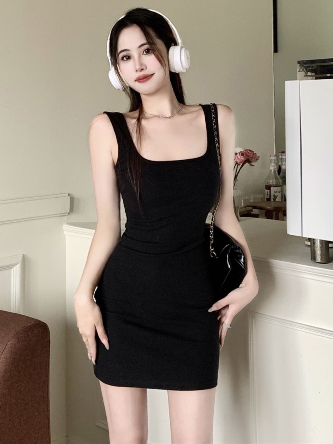 

KPOP Women Above Knee Cotton Bodycon Dress, Black