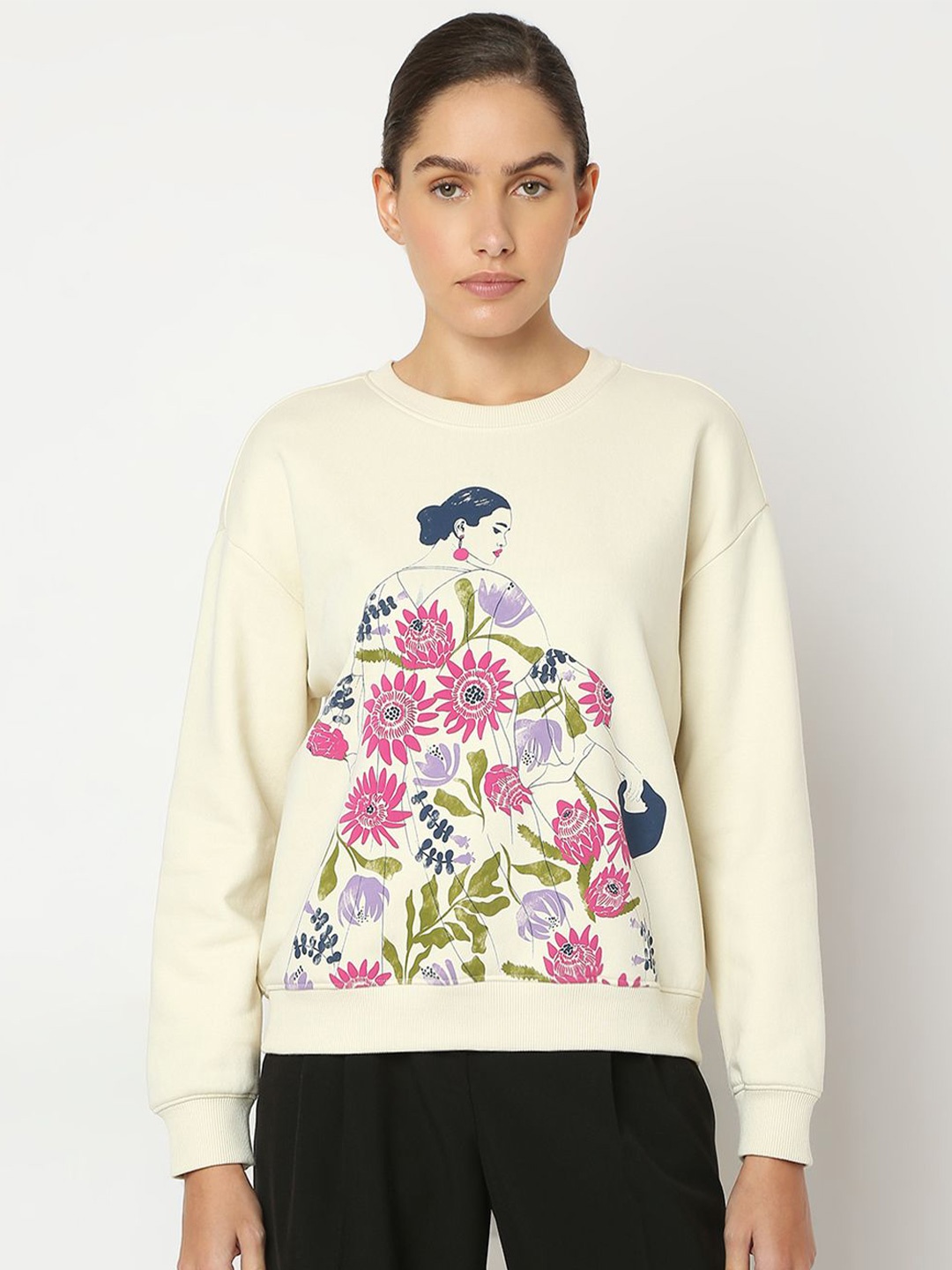 

Vero Moda Women Cotton Floral Printed Sweatshirt, Off white