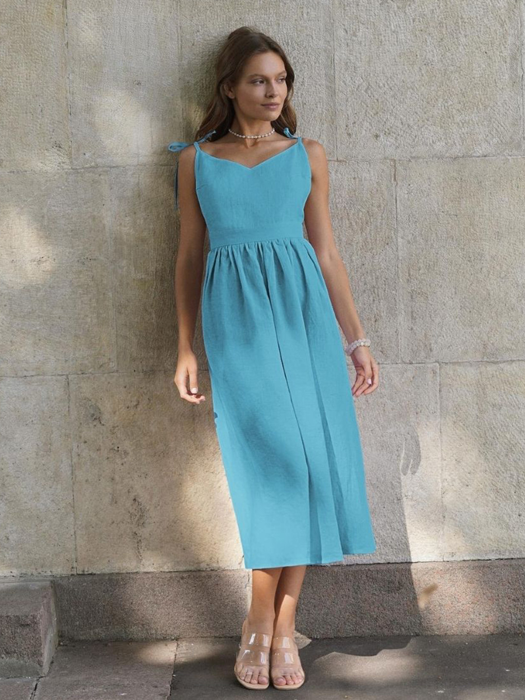 

StyleCast Women Cotton Shoulder Straps Fit and Flare Midi Dress, Blue