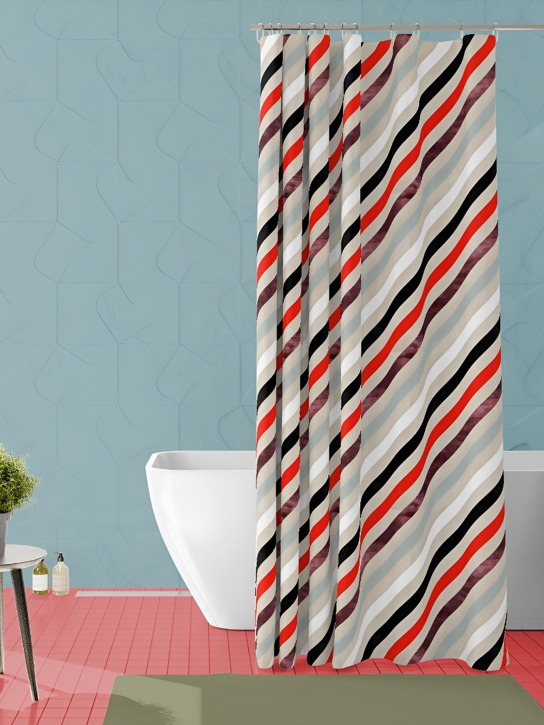

ArtzFolio Grey & Red Striped Waterproof Shower Curtain