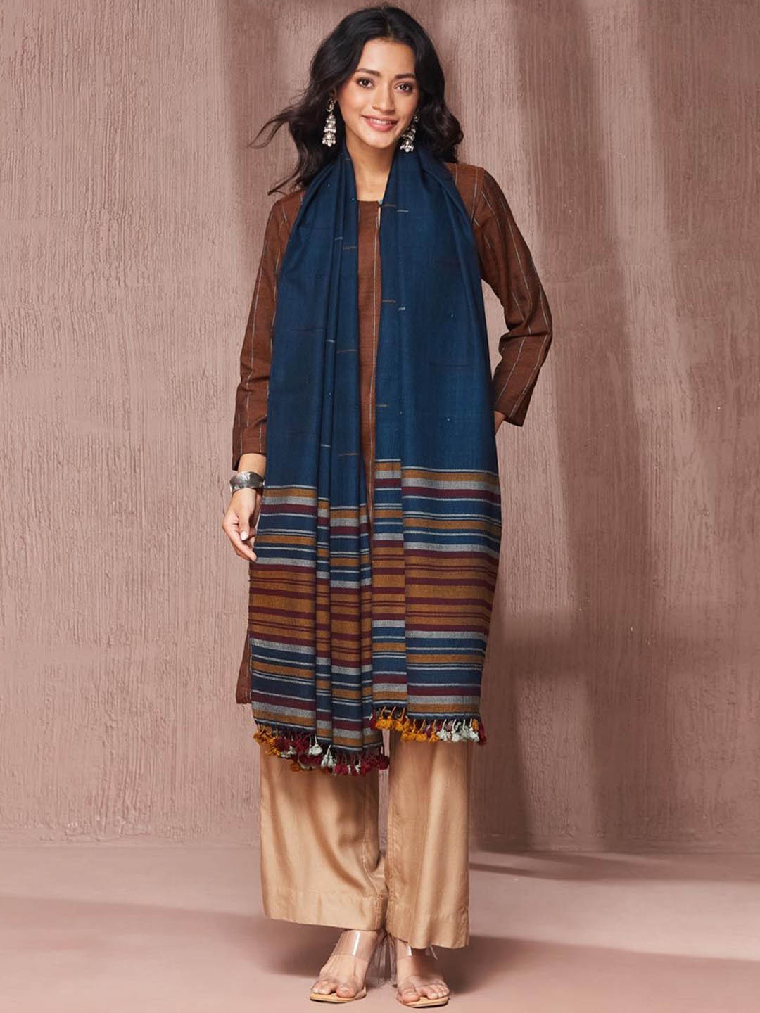 

Fabindia Striped Woven Design Woollen Shawl, Blue