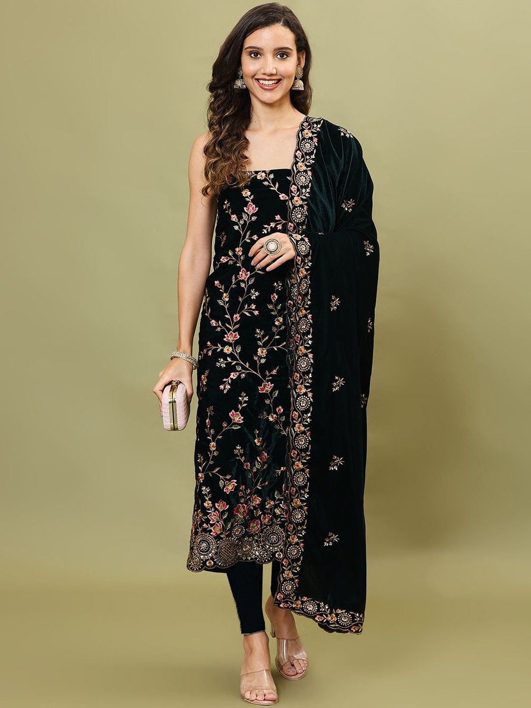 

Meena Bazaar Floral Embroidered Sequinned Velvet Unstitched Dress Material, Green