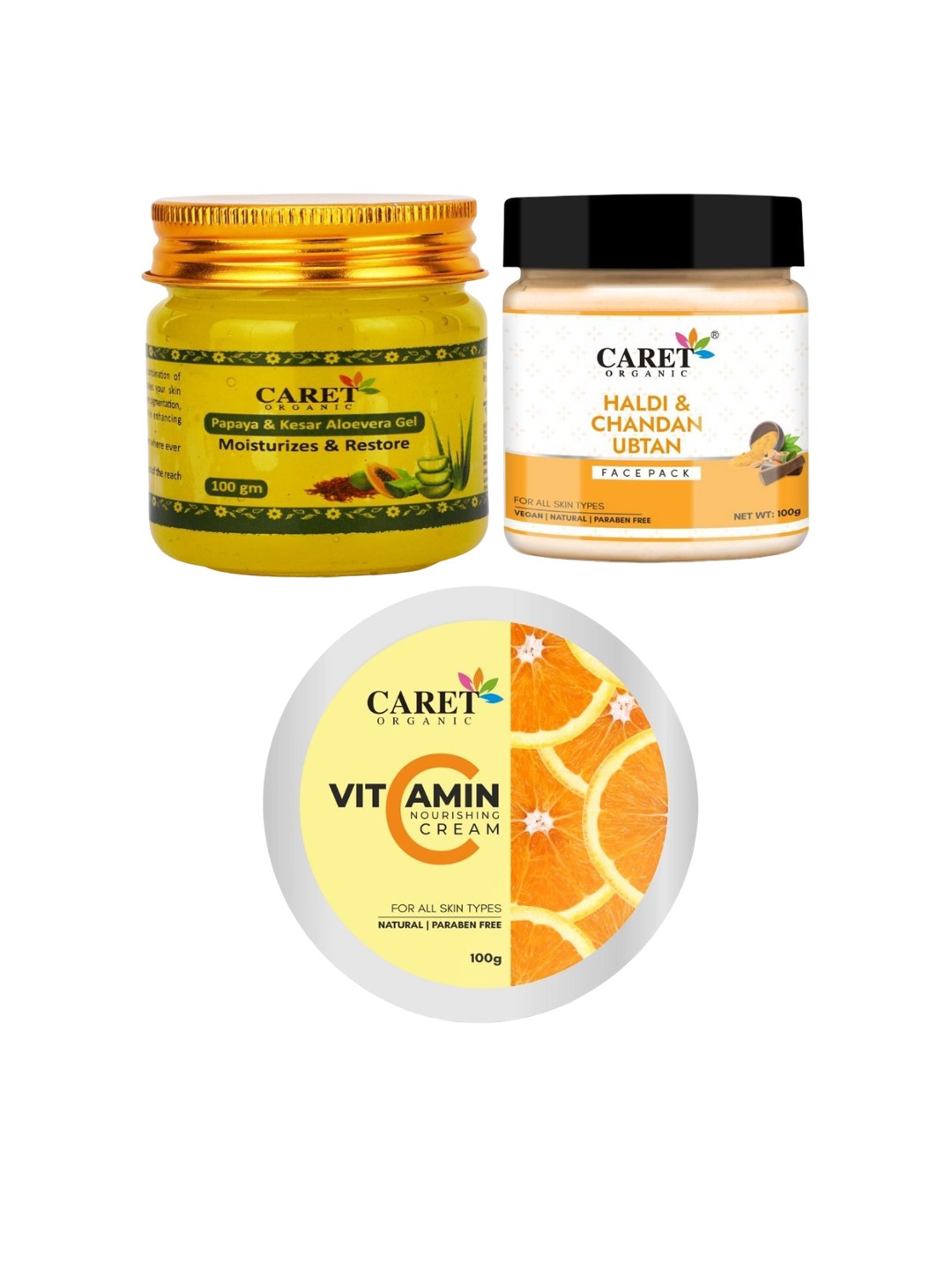 

CARET ORGANIC Set Of 3 Aloevera Gel, Ubtan Face Pack & Nourishing Cream-100g Each, White