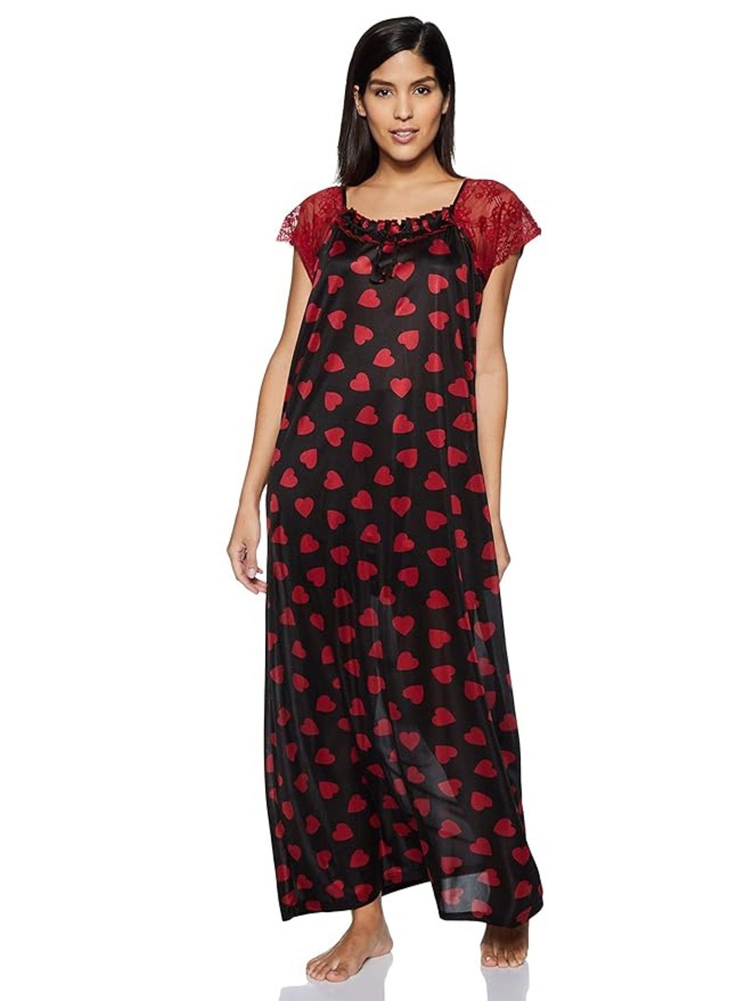 

Noty Women Printed Square Neck Short Sleeves Maxi Everyday Nightdress, Maroon