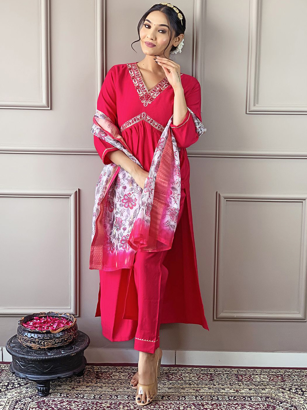 

KALINI Ethnic Motifs Embroidered Empire Chanderi Silk A-Line Kurta With Trouser & Dupatta, Red