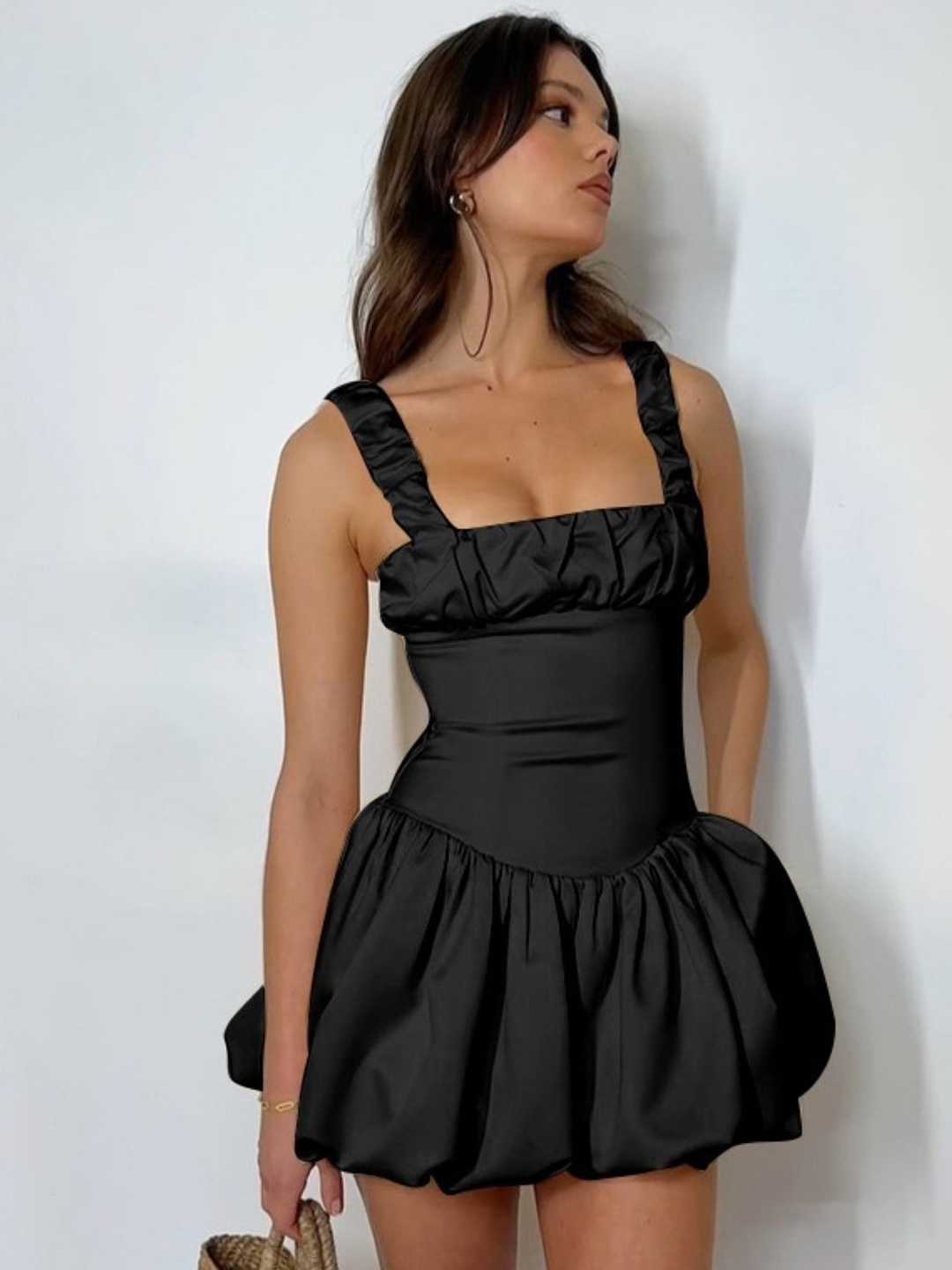 

KPOP Women Shoulder Straps Blouson Mini Dress, Black