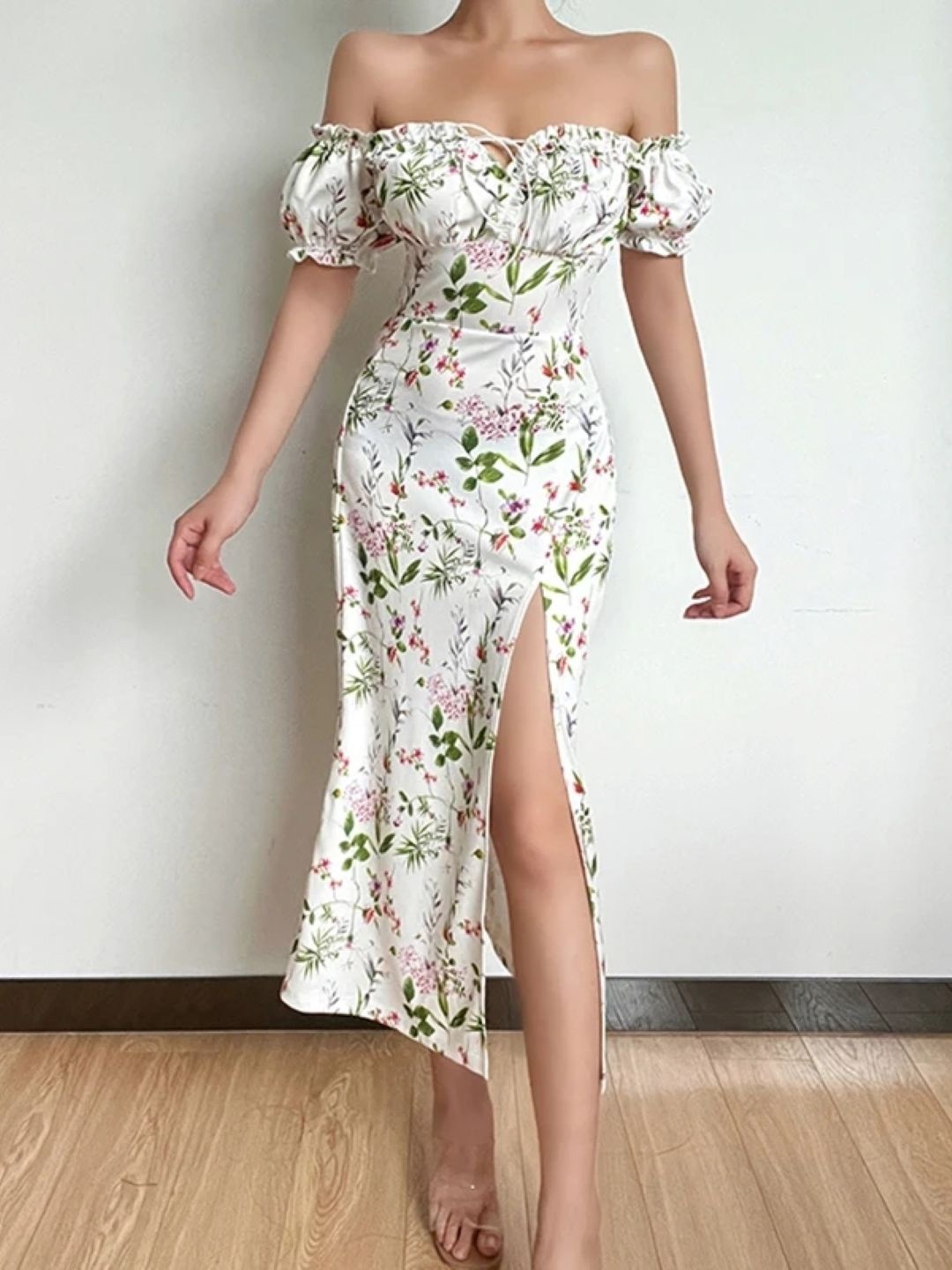

KPOP Floral Printed Sweetheart Neck Tie-Ups Puff Sleeve A-Line Midi Dress, White