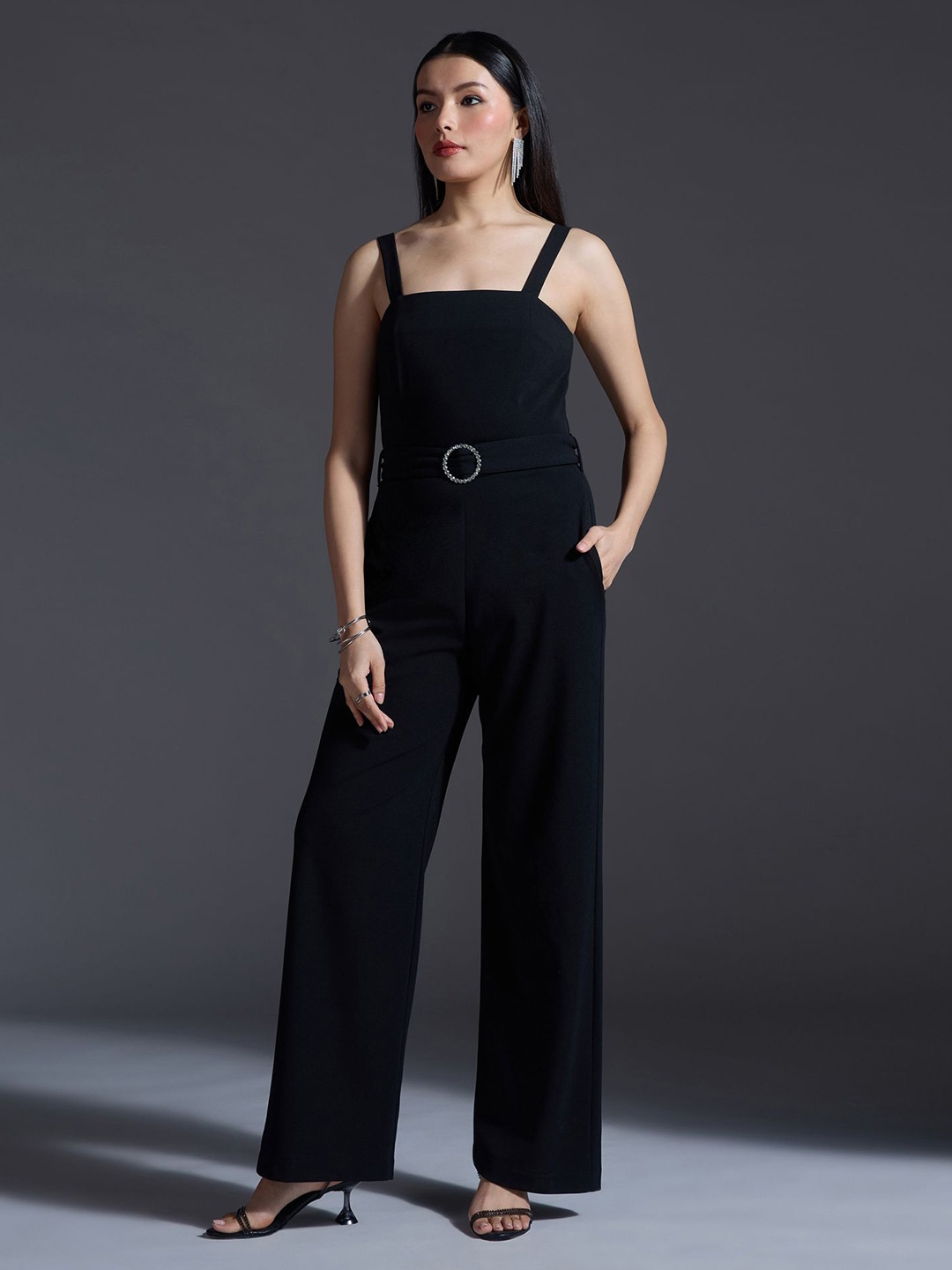 

20Dresses Women Shoulder Straps Basic Jumpsuit With Belt, Black