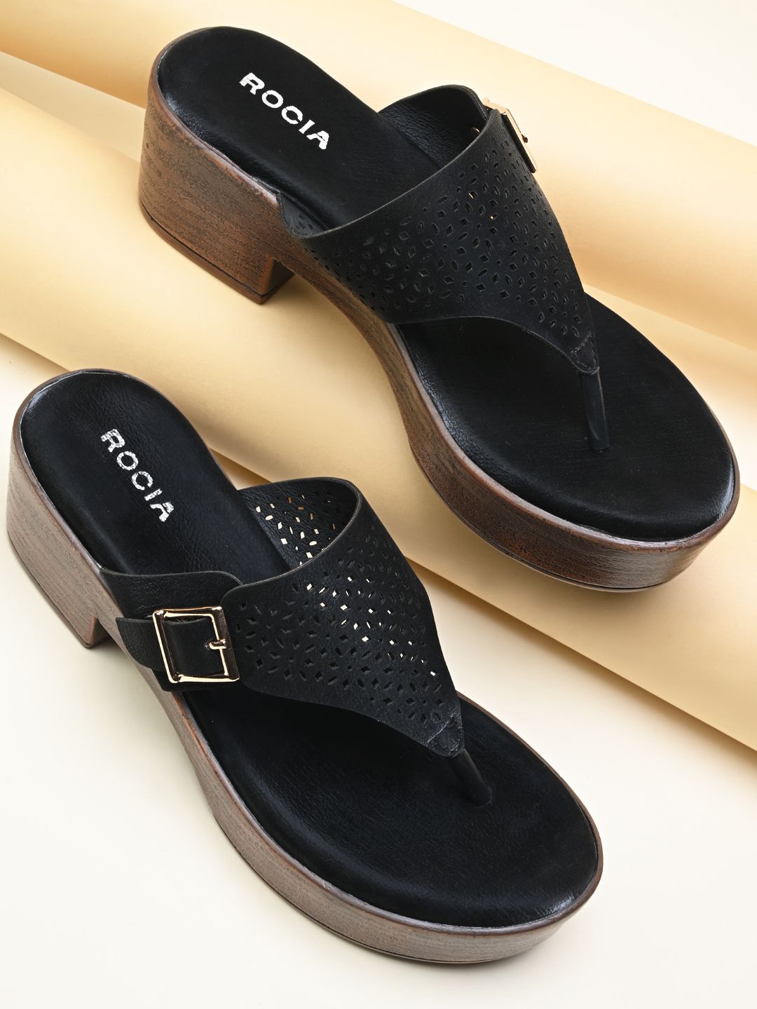 

Rocia Platform Heel Laser Cut Sandals, Black