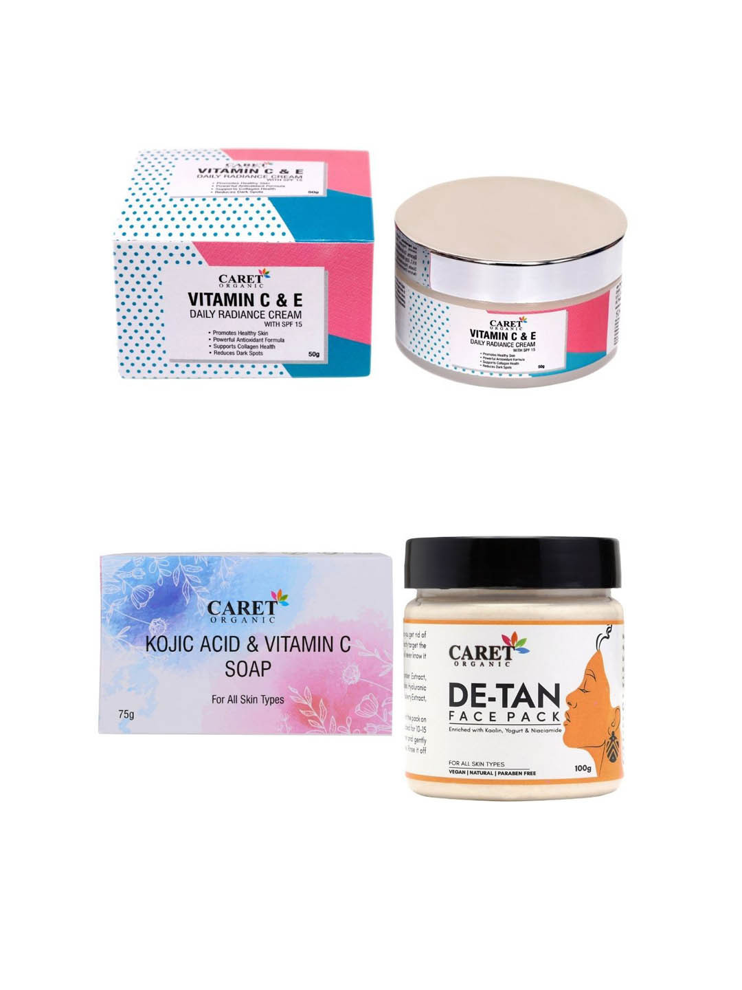 

CARET ORGANIC 3Pieces Vit C Cream & Soap & De-Tan Face Pack- 50g & 75g & 100g, White