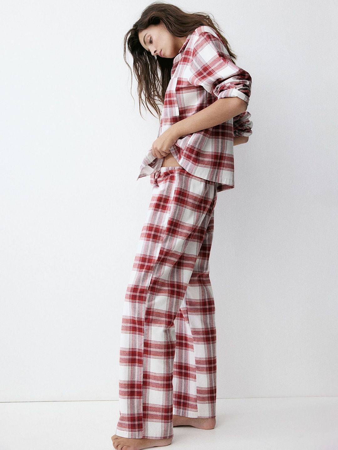 

H&M Checked Pure Cotton Twill Night Suit, Red