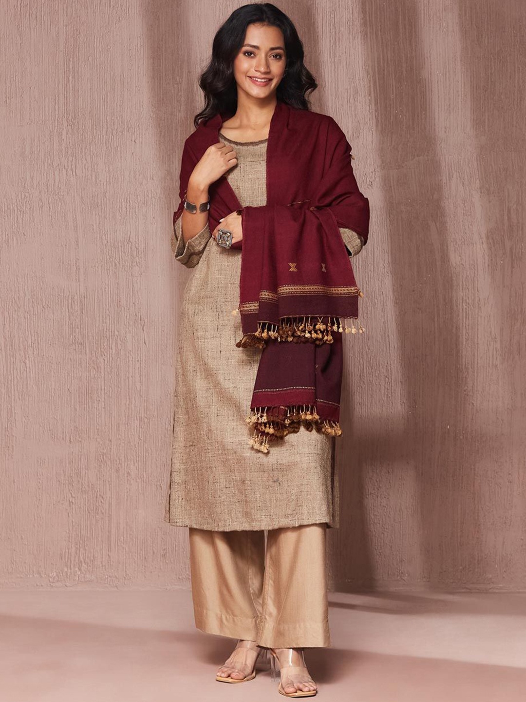 

Fabindia Striped Woven Design Woollen Shawl, Maroon