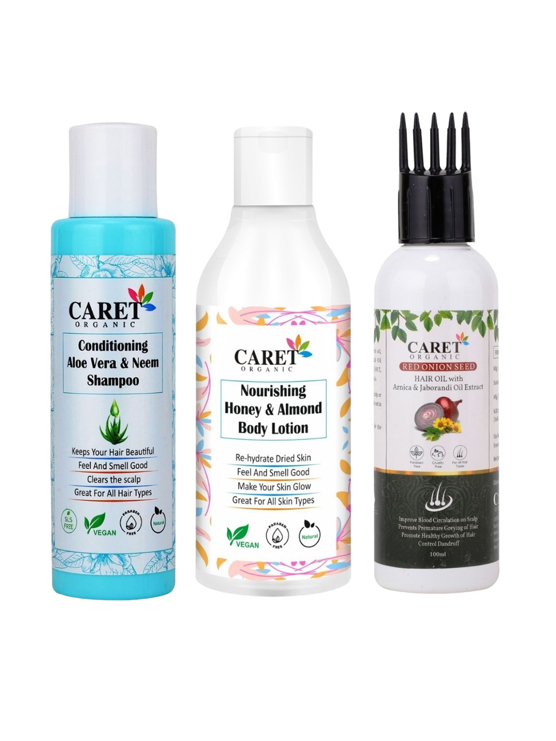 

CARET ORGANIC Set of 3 Aloevera Neem Shampoo, Almond Body Lotion & Red Onion Seed Hair Oil, White