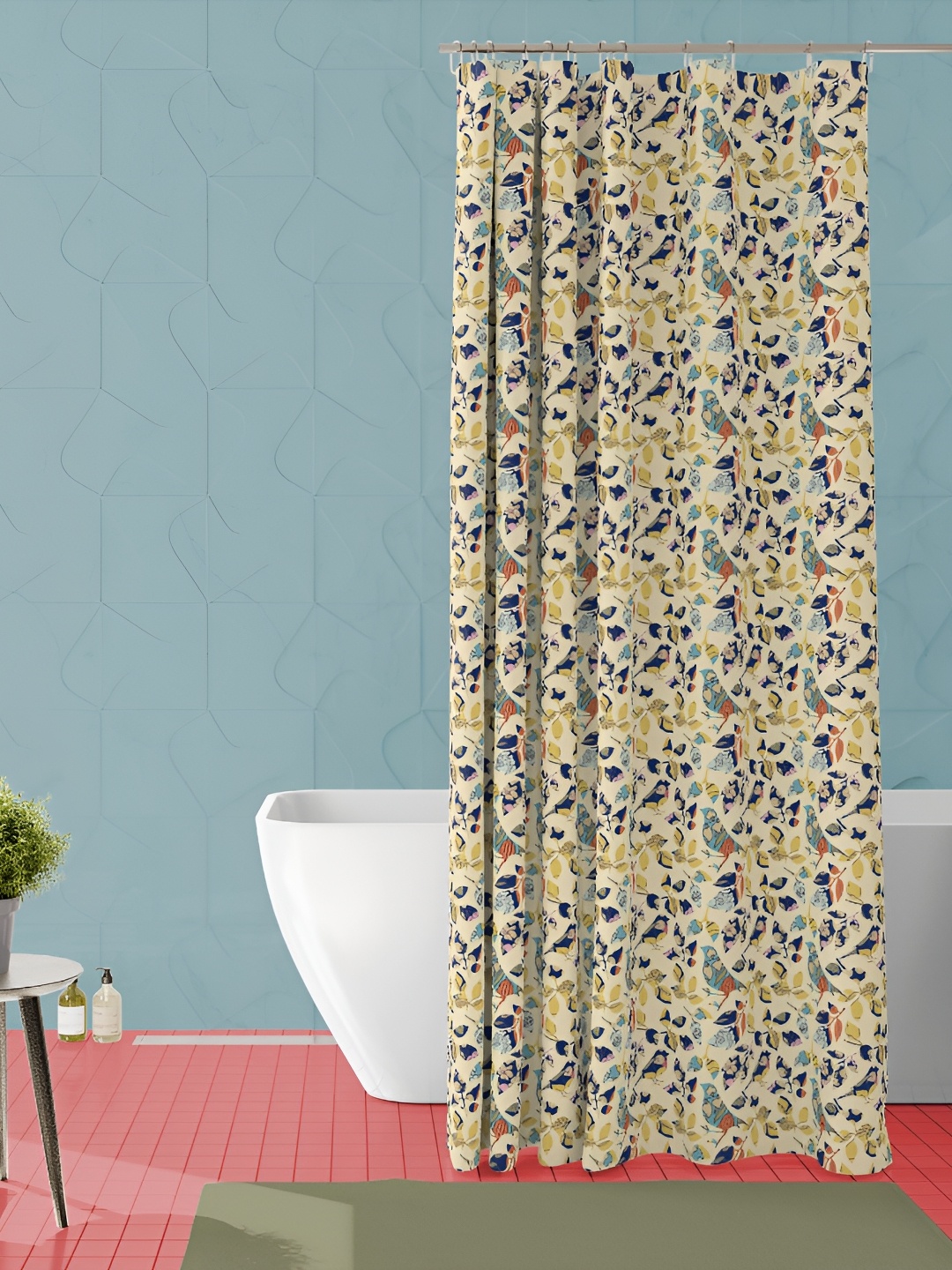 

ArtzFolio Beige & Blue Printed Waterproof Shower Curtain
