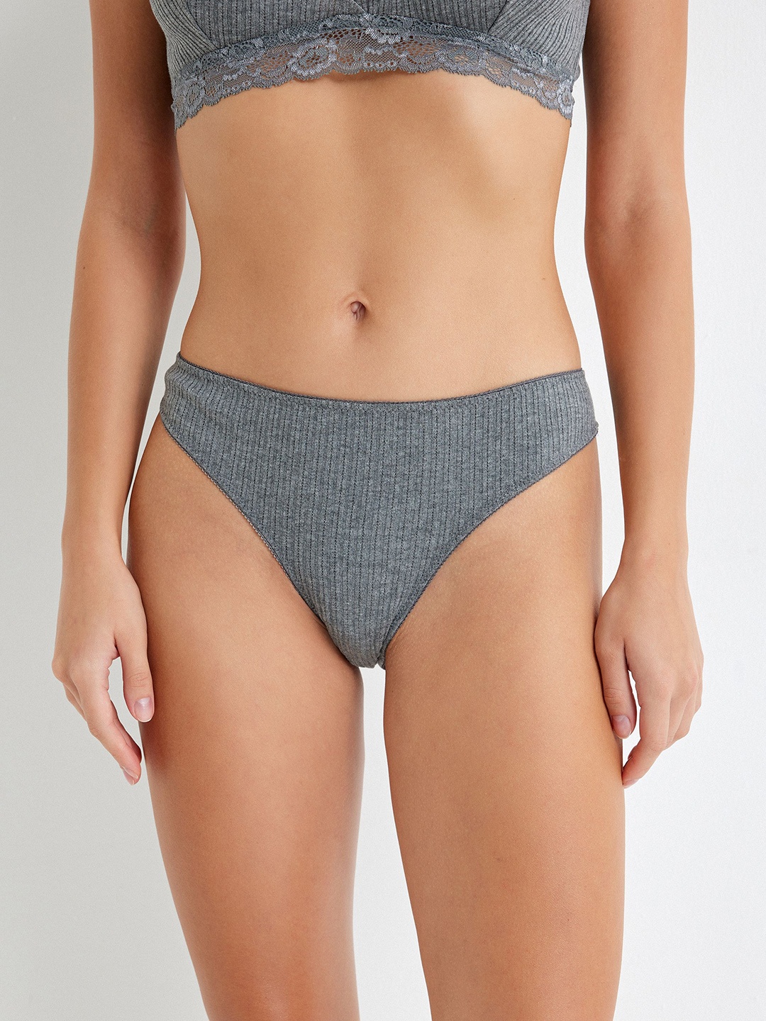 

Koton Women Cotton Mid Rise Basic Brief, Grey melange