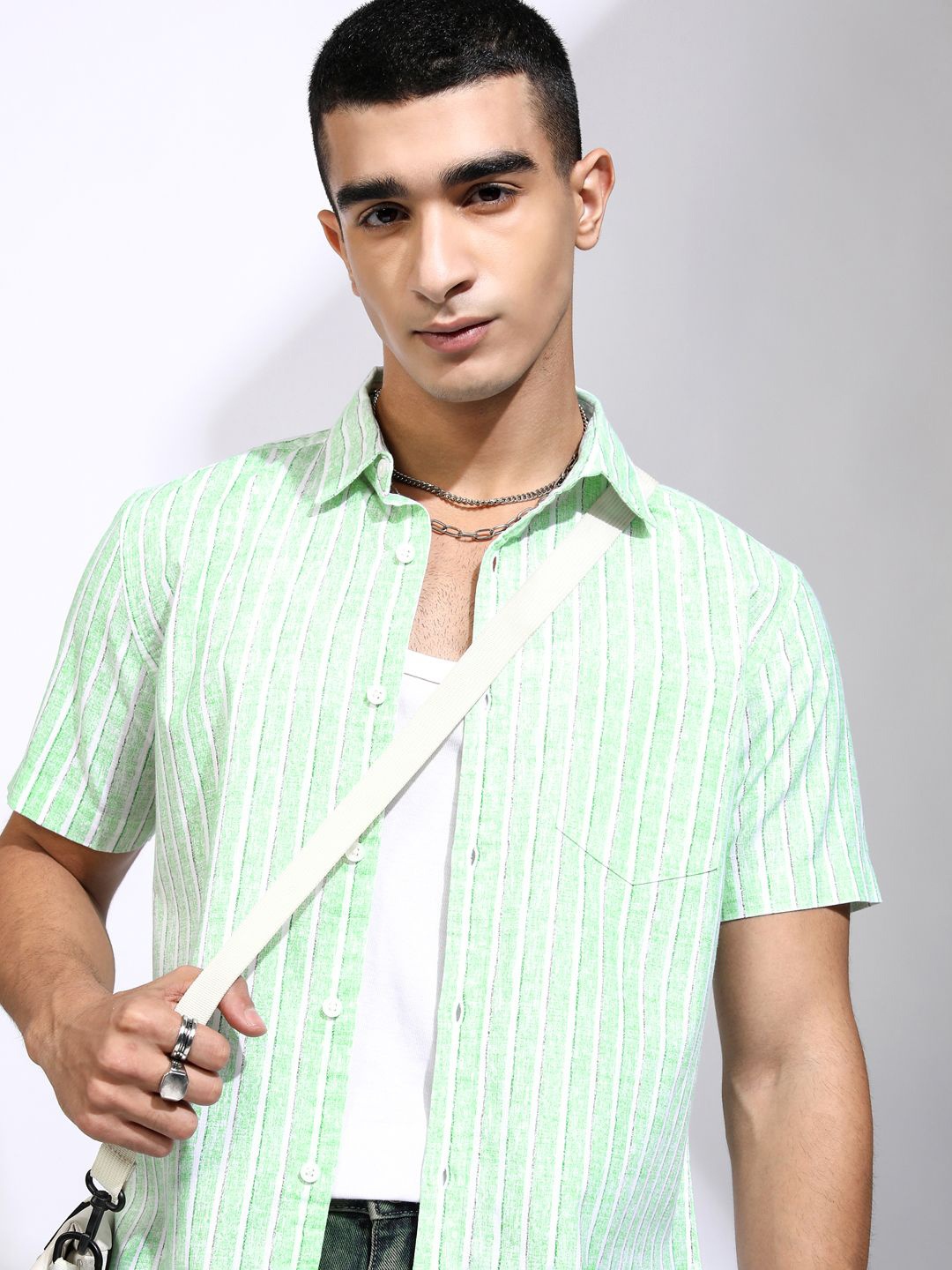 

HIGHLANDER Men Cotton Linen Striped Casual Shirt, Green