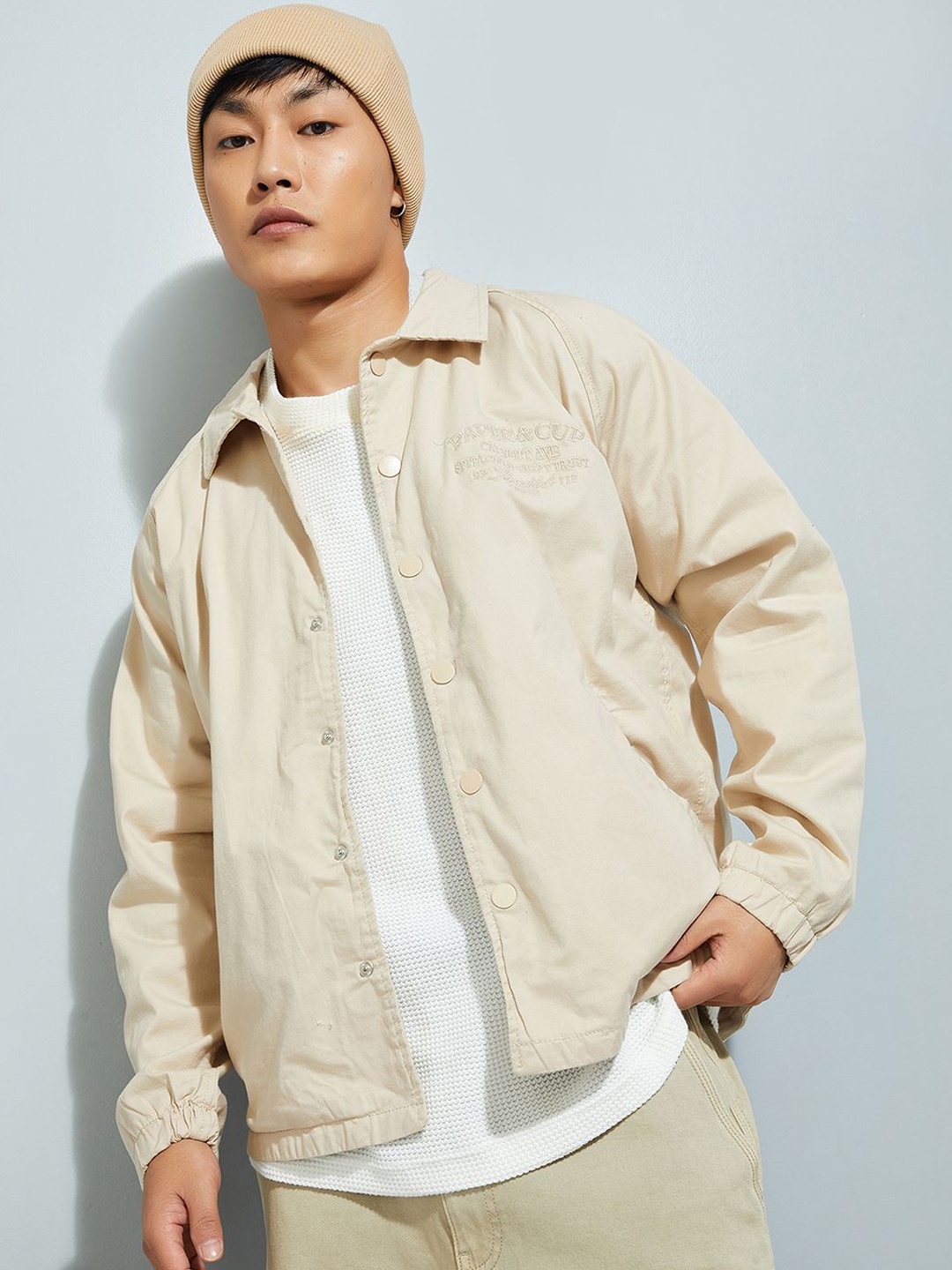 

max Men Polyester Crop Bomber with Embroidered Jacket, Beige