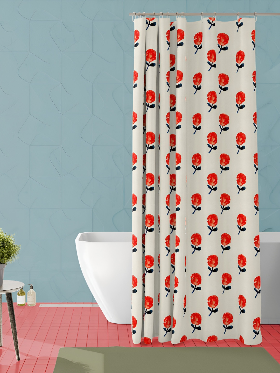 

ArtzFolio Cream-Coloured & Red Floral Printed Waterproof Shower Curtain
