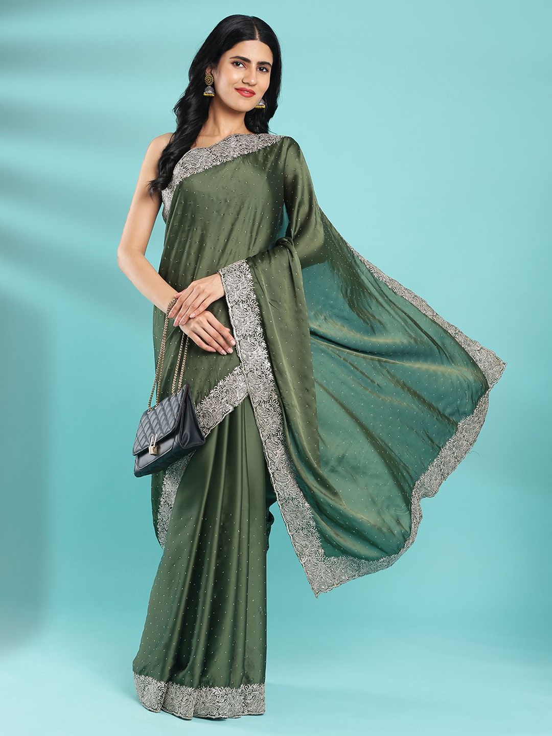 

Kalyan Silks Embellished Beads and Stones Bagru Saree, Green