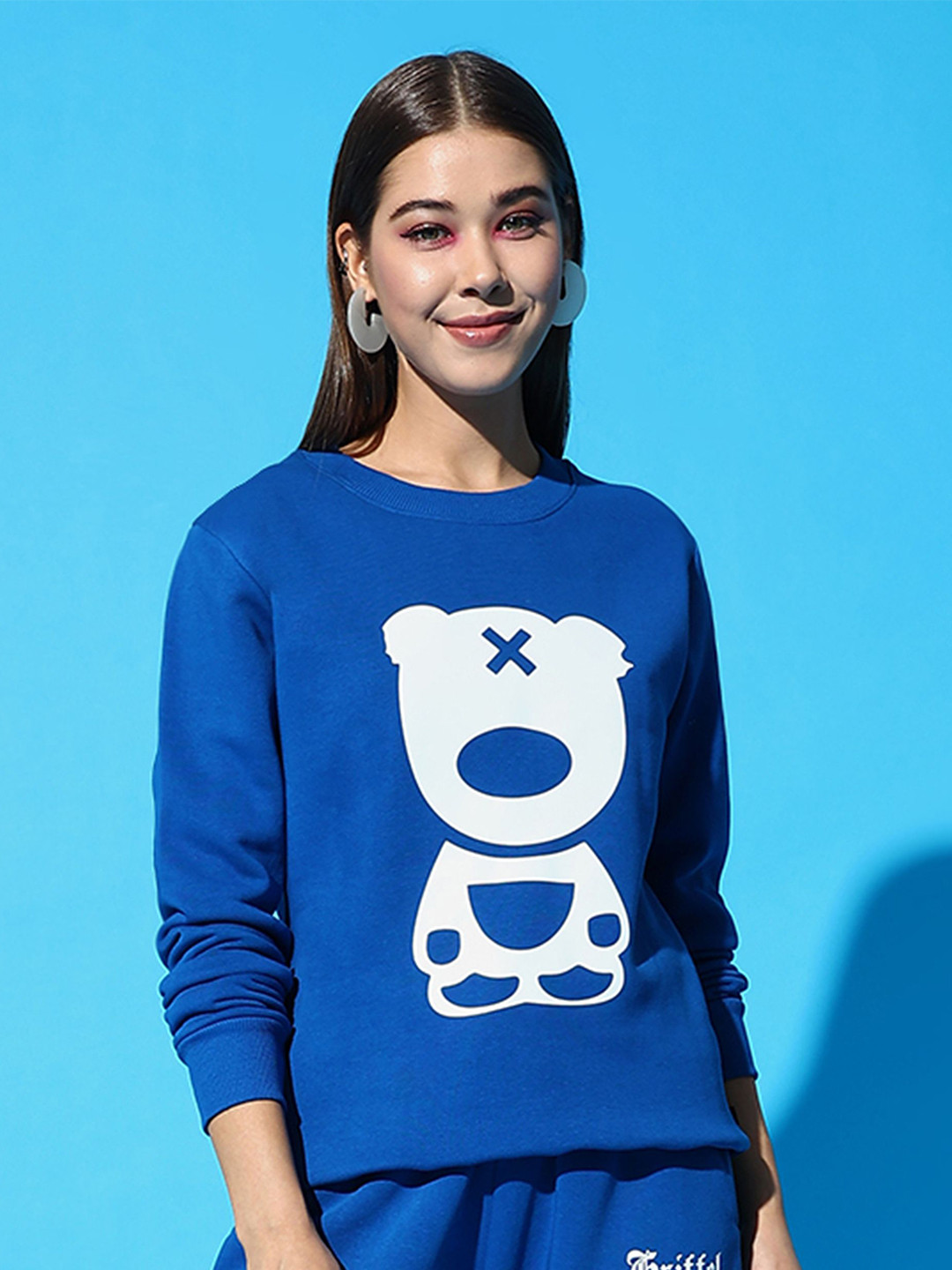 

GRIFFEL Women Graphic Printed Round Neck Long Sleeves Sweatshirt, Turquoise blue